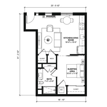 Rendering of the 5A-0B floor plan with a Studio bedroom and 1 bathroom[s] at 120 & 220 Bend