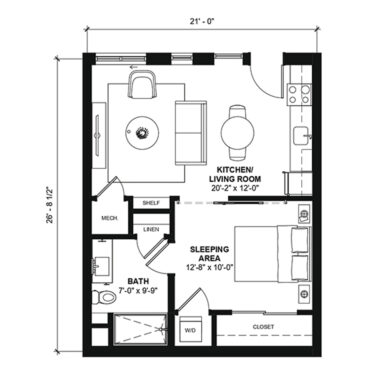 Rendering of the 5A-0C floor plan with a Studio bedroom and 1 bathroom[s] at 120 & 220 Bend