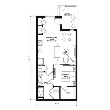 Rendering of the 5A-0D.A floor plan with a Studio bedroom and 1 bathroom[s] at 120 & 220 Bend