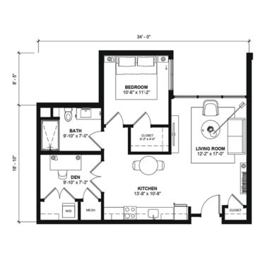 Rendering of the 5A-1H floor plan with 1 bedroom[s] and 1 bathroom[s] at 120 & 220 Bend