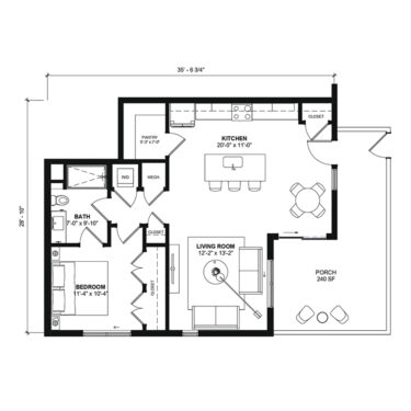 Rendering of the 5A-1K floor plan with 1 bedroom[s] and 1 bathroom[s] at 120 & 220 Bend