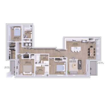 Rendering of the 5A-3A floor plan with 3 bedroom[s] and 3 bathroom[s] at 120 & 220 Bend