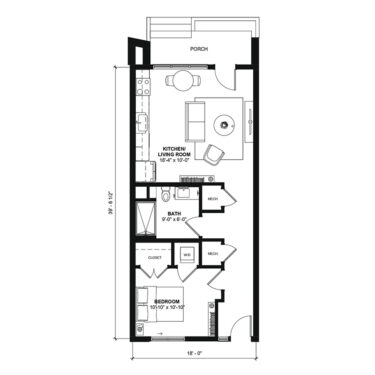 Rendering of the 5B-1B floor plan with 1 bedroom[s] and 1 bathroom[s] at 120 & 220 Bend