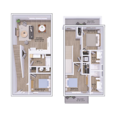 Rendering of the 5B-2C.A floor plan with 3 bedroom[s] and 3 bathroom[s] at 120 & 220 Bend