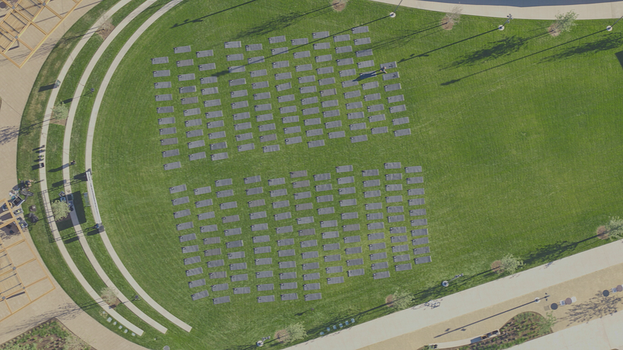 An arial shot of empty yoga mats set up on the Greenline. 